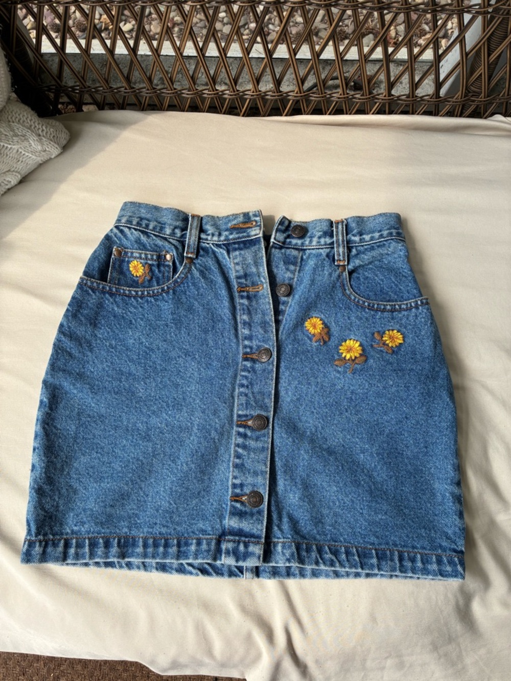 Vintage Jordache Blue Denim Mini Skirt with Yellow Daisy Embroidery
